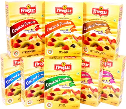 Five Star Custard Powder Mix Strawberry Mango Pista Butter Scotch 2 Raspberry 2 Vanilla Combo (100g x 8) Custard Powder