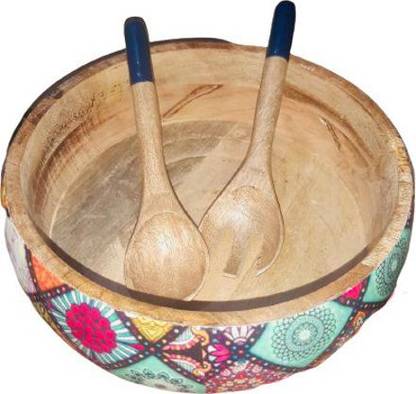 Woodshop Wooden Salad Bowl Mix Multi Salad Bowls Gorgeous Large Salad Bowls, Handcrafted in Solid Wood, and Decorated with Enamel Material Serving Bowl|Bowl for Kitchen with Spoon and Fork - 10" diameter