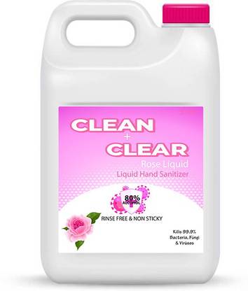 clean + clear Anti Bacterial Rose Liquid 80% Alcohol Based Instantly Kills 99.9% Germs Without Water Triple Action Formula Skin Nourishing Hand Sanitizes ( 5 Ltr ) Can Hand Sanitizer Can