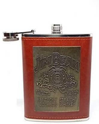 EleWa Stainless Steel Jim Beam Printed Hip Flask Gift Set Brown Leather with 100% Leak Proof for Alcohol, Whiskey, Rum and Vodka Pocket Mini Drinking Flasks Stainless Steel With Leather Wrapped Hip Flask