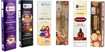 DHINGLI Panchamrut, 3 Star (3 in 1), Sandal, Sankalp Siddhi & Woods Incense Stick Agarbatti Pack of 6 (420 Sticks) Panchamrut, 3 Star (3 in 1), Dhingli, Sandal, Sankalp Siddhi, Woods