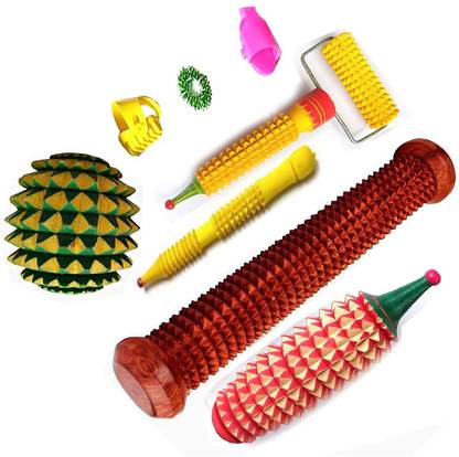 Geetastik GA-11058 Wooden foot and Hands roller massager Combo Kit (wooden ball, karela ,face massager, jimmi,finger and thumb ring)/Stress relief/accupressure/acupuncture Massager