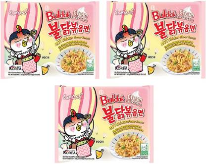 Samyang Buldak Cream Carbonara Hot Chiken Flavor Ramen Stir-Fired Noodle 140gm*3Pack (Pack of 3) (Imported) Instant Noodles Non-vegetarian