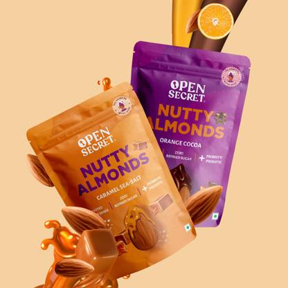 OPEN SECRET Nutty Almonds Combo | 1 Pack of Orange Cocoa Almonds + 1 Pack of Sea Salt Caramel Almonds | No refined sugar | Healthy flavored dry fruit | Perfect snack Almonds