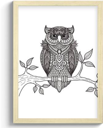 GS Decor Lineful Monochrome Owl Wall Art 12 × 9 Inches | Aesthetic Pictures Wall Frames For Room Decor With Trendy Posters - Wooden Frame | Ready To Hang Digital Reprint 12 inch x 9 inch Painting