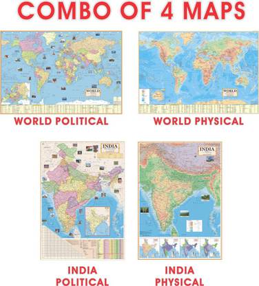 (COMBO OF 4 MAPS) India & World Map English (Both Political & Physical)| Set Of 4| All Map Size (70 * 100 Cm) (48inch * 28inch) Paper Print| Best Useful for UPSC, SSC, IES and other competitive Exams. Paper Print