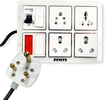Penite Penite Extension 16A 2 Switch 16A Socket 6A Socket, Indian International Socket, MCB, Indicator, Branded 1.5 SQ.MM 1100V Long Wire Cable (Polycarbonate) (White) (20 Meter Wire) 4  Socket Extension Boards