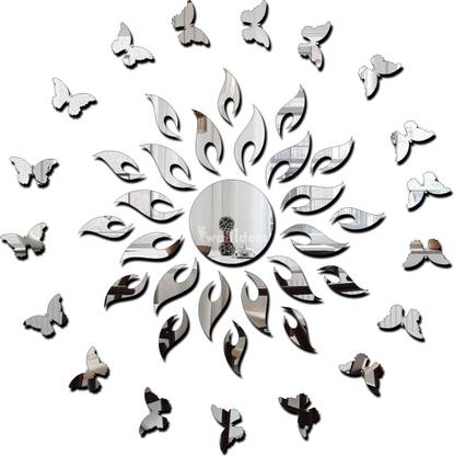 wall1ders 70 cm Sun Silver With 20 Butterfly Silver (Sun Size 45 cm x 45 cm) 3d Mirror Stickers, 3d Mirror Stickers For Wall Large Size, 3d Acrylic Mirror Wall Decor Sticker, 3d Acrylic Stickers. Self Adhesive Sticker