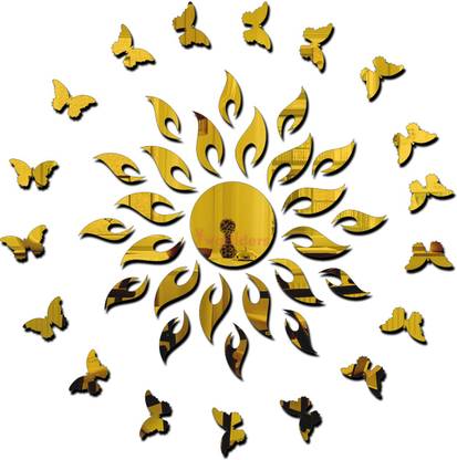 wall1ders 70 cm Sun With 20 Butterfly Golden (Sun Size 45 cm x 45 cm) 3d Mirror Stickers, 3d Mirror Stickers For Wall Large Size, 3d Acrylic Mirror Wall Decor Sticker, 3d Acrylic Stickers. Self Adhesive Sticker