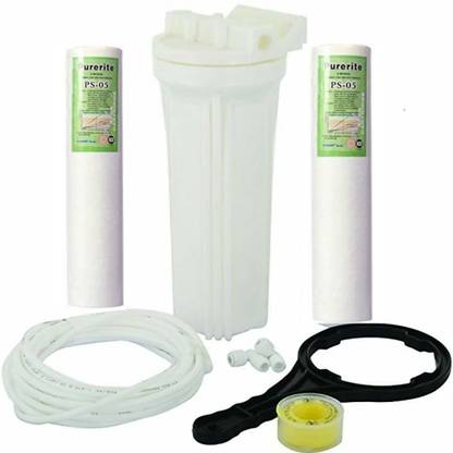 Kemflo Pre Filter Bowl set with 2 pcs 10'' pp spun filter cartrige, pipe,spanner key, lbow, teflon tap spare part kit for RO water purifier Solid Filter Cartridge