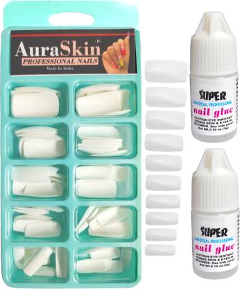 AuraSkin NEW Gorgeous 100PCS Reuseable Artificial Nail Tips Best False Nails with Strong Nail Glue WHITE
