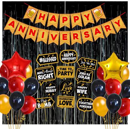 Prihit Happy Anniversary Decoration Metallic Balloons, Black Foil Curtain 47Pcs Combo