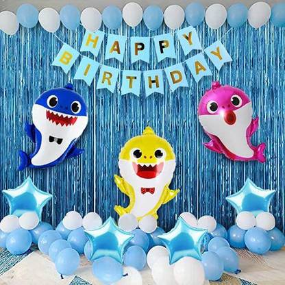 1iAM Baby shark birthday decoration with Blue-White balloons and Shark balloons