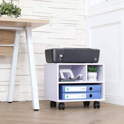 PRITI FITUEYES Printer Stand On Wheels Mobile Under Desk Work Cart, White Engineered Wood Open Book Shelf