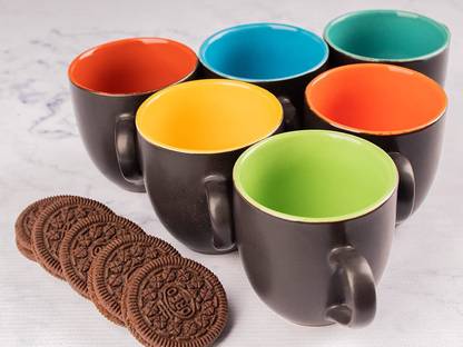 love unlimited Pack of 6 Stoneware Black Multicolor Coffee Mug Tea Cup Set - Medium Size
