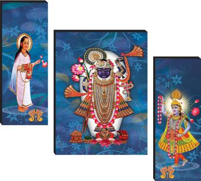 Masstone Shrinathji with Yamunaji and Mahaprabhuji Nathdwara Religious 3 Piece MDF Painting Digital Reprint 12 inch x 18 inch Painting
