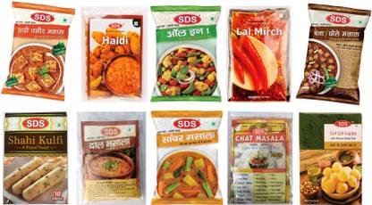 SDS Masala 10 Piece Daily UseCombo (1 Shahi Paneer Masala 40g + 1 Haldi Powder 100g + 1 All in One Masala 100g + 1 Lal Mirch Powder 100g + 1 Chana/Choley Masala 70g + 1 Shahi Kulfi Mix 150g + 1 Dal Masala 40g + 1 Sambhar Masala 50g + 1 Chaat Masala 100g + 1 Golgappa Mix)