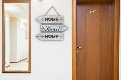 Décor palace set of 3 wall décor hanging blocks (HOME SWEET HOME) wall hanging, Room Decor Modern Art .6cm Laser cut imported Pine MDF with Digital Print on front side with printed quotation and back also finished with mat finish vinyl. Easy to install & easy to clean.