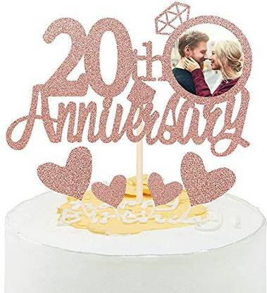 ZYOZI Rose Gold Glitter 20th Anniversary Cake Topper with Diamond Ring Heart Cake Decorations Set for 20th Wedding Graduations, Retirement Company Celebration Party - Pack of 5 Cake Topper