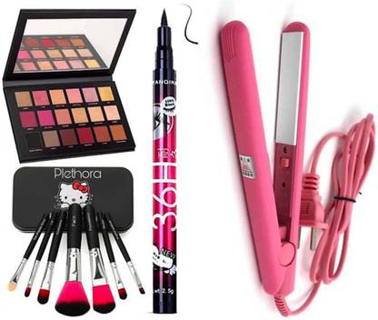 Plethora Rose Gold Edition Eyeshadow Palette 18 g & 36 Hours Eyeliner Mini Ceramic Electronic Hair Straightener 220V Crimper Flats Iron & Black Makeup Brushes Pack of 7 &