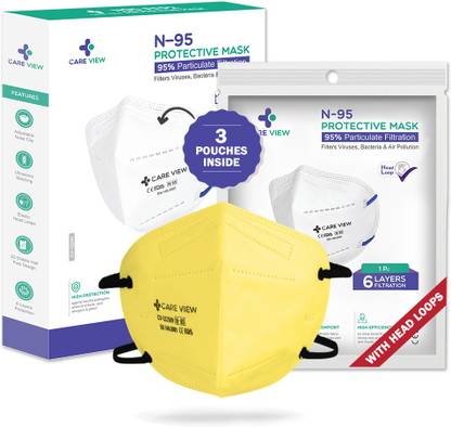 Care View CV-1221-H Yellow| 6 Layer Reusable Head Loop N95 Face Mask | DRDO & BIS (ISI) Approved | Pack Of 3 CV-1221H-Yellow Reusable