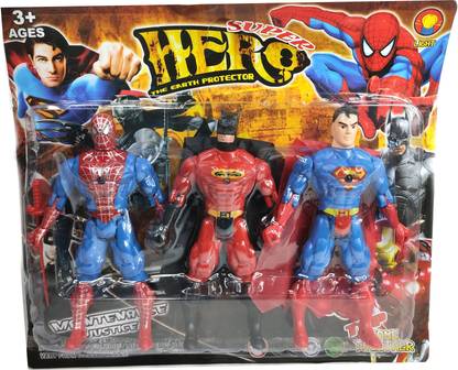 SharvilSons Avengers Super Heros action Figures 3 in 1 set with LED light on chest ( in all 3 Characters) & all Joints Movable (All Characters) | Spiderman | Superman | Batman | justice league | (Size-Large 17Cms Height) (3in1)