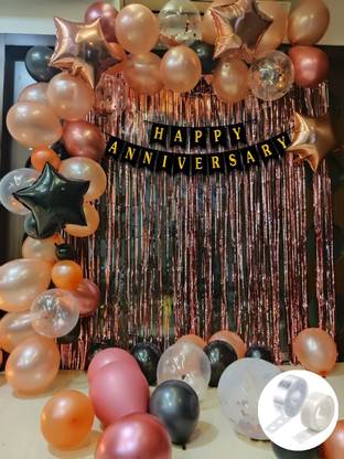 Surprise Decor happy Anniversary Decoration Kit For Home -62 Items Rose Gold Combo Set - Banner, Curtains, Balloons, Foil Balloons - For wedding anniversary decoration items For Bedroom -Husband Wife