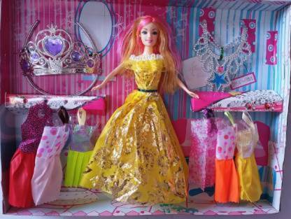 pabuji LEE Baby Girl Doll Set with Beautiful Dresses, Long Hair & Fashion Accessories(1 Doll+1 Taj Set & Hair band + 6 Dress in Different colours /Beautiful Doll for kids / Cute doll (Multicolor) (Multicolor) (Multicolor)