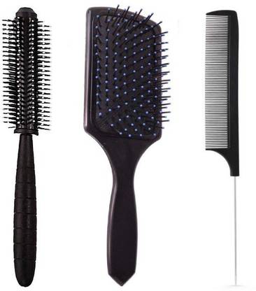 SANDIP pack of 3 hair brush-Rectangular Cushion Brush(1) & round Blow Drying Roller Hair Brush(1) & Black Carbon Rat tail , Sectioning comb with Steel Handle with Non-skid Paddle for hair styling (1)