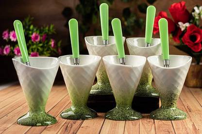 TMF (Pack of 6) Ceramic Cone Shape Ice-Cream Cup Set with Spoon (Green) Glass Set Water/Juice Glass