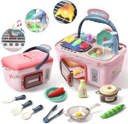 VikriDa Kids Picnic & Kitchen Playset,Portable Pinic Basket Toys with Musics & Lights, Color Changing Play Foods,Play Sink,Pretend Play Oven and Other Kitchen Accessories Toys for Boys and Girls