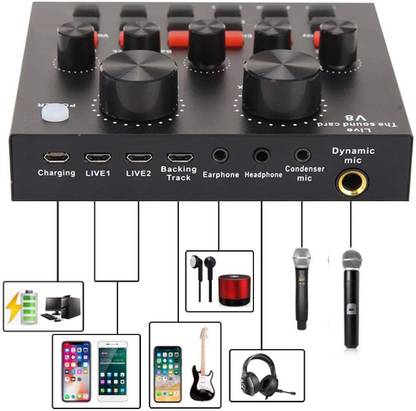 SOUVENIR V8 Sound Card for Live Streaming, Audio Mixer and Voice Changer with Bluetooth Sound Effects Mixer Board Music Recording YouTube Podcast, Online Class, 1200mAh Digital Sound Mixer