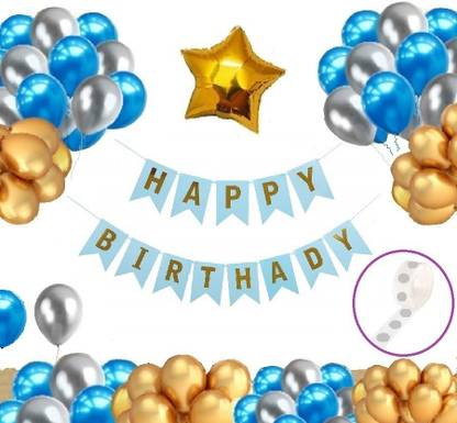 Agk Happy Birthday Banner - Blue | 30 Pcs Blue, Gold & Silver Metallic Balloons | 1 Pcs Golden Star Foil Balloons | 1 Pcs Glue Dots Roll (Combo Of 33 Pcs Birthday Decoration & Balloons)