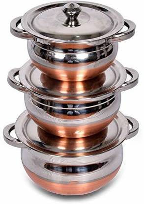 Sonanshi 3 Pieces Copper Bottom Biryani Handi Set with Handle and Lid Handi 0.75 L, 1.35 L, 2.45 L with Lid