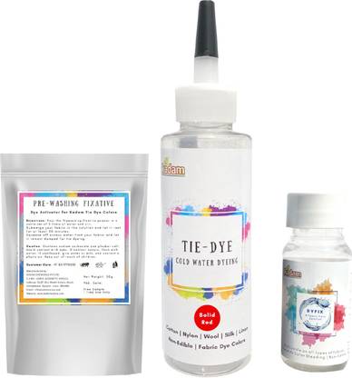 KADAM Tie Dye Solid Red, Cold Water Fabric Dye Color, 100mL Bottle with Prewashing Fixative mini and DyFix mini bottle
