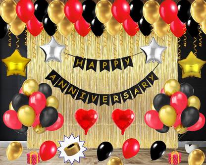 Party Station Solid Pack of 56 pcs Anniversary Decoration Kit - 1 set of Happy Anniversary Card Banner + 45 pcs of Black , Golden & Red Metallic Balloons + 2 pcs of Golden Curtain +2 pcs of Red Heart Foil + 4 pcs of Gold & Silver Star Foil + Balloon pump & Curling Ribbon Balloon