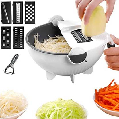 ARAKA Wet Basket Vegetable Cutter - Multi-Function Vegetable Cutter with Drain Basket Magic Rotate Vegetable Cutter (1 X Vegetable Cutter Basket, 5 X Blade, 1 X Peeler, 1 X Head) Vegetable & Fruit Vegetable & Fruit Grater & Slicer