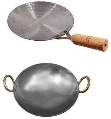 KITCHEN SHOPEE Iron cookware Set Iron deep Kadai/Frying Pan for Cooking Fry Kadhai/Pan Heavy Base 8 inch 1.5 Liter & Iron Tawa for Roti/Chapathi/Chapati 9 inch Induction Friendly Silver Color Kadhai 20.32 cm, 22.86 cm diameter 1.5 L capacity