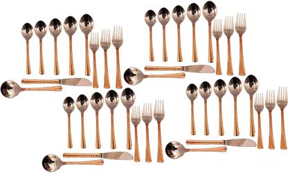 INDIAN ART VILLA Steel Copper Cutlery / Flatware 40 Pieces Set of Spoons, Forks & Knifes, Served with Dishes, Flatware & Tableware Items Steel, Copper Cutlery Set