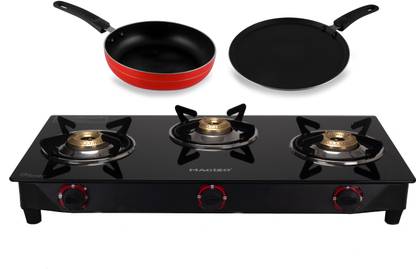 MACIZO Gas Stove Combo - Plus 3 Burner Gas Cooktop + Flat tawa 200 + Fry Pan 215 Glass Manual Gas Stove
