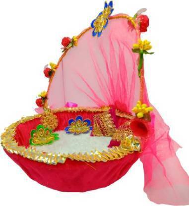 Kanha Laddu Gopal CARRY Basket Cum Singhasan Decorate With Soft Fabric And Free Two Cushion Size (4 to 6) We Can Easily CARRY Our LADDU Safely With This Handmade Premium Quality Plastic Pooja Chowki