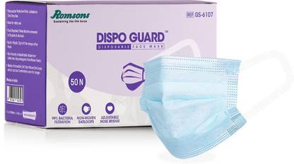 Romsons Dispo Guard 3 Ply Face Mask ( Surgical Mask) with Softest Ear Loops, 50 Pcs Surgical Mask With Melt Blown Fabric Layer