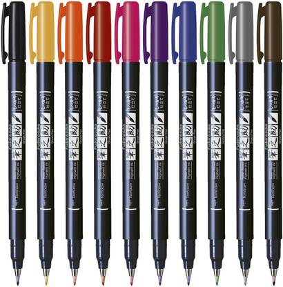 Tombow Fudenosuke Hard Tip Brush Pen (10 Colors) WSBH for Art Drawings and Calligraphy