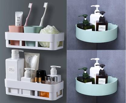 VRAVMO Bathroom Suction Corner Shower Caddy and Shelves Organizer Shelf Storage Basket Wall Mounted Organizer for Shampoo, Conditioner, Plastic Shower Rack for Kitchen & Bathroom, Drill-Free Removable (2 Corner Shelf + 2 Bathroom Shelves) Plastic Wall Shelf