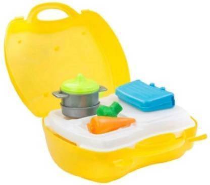 TITIRANGI 26 Pcs Kitchen set Pretend Play Toys Kitchen Set Kit for Kids Cooking Toy Set with Kitchen Accessories for Girls with Suitcase Carry Case, Yellow Color,indoor game.
