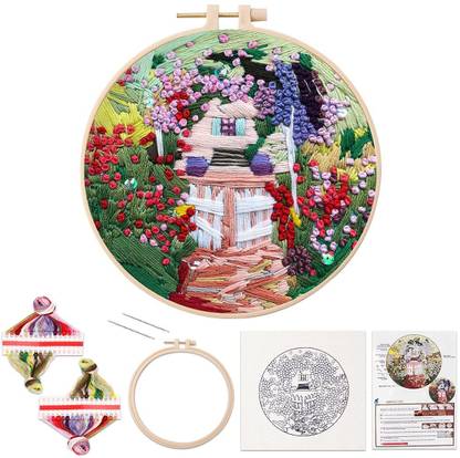 Futurekart Embroidery Starter Kit with Pattern,Cross Stitch Set,Embroidery Kits with Houses Pattern, Bamboo Embroidery Hoop,Color Threads (Color 02)