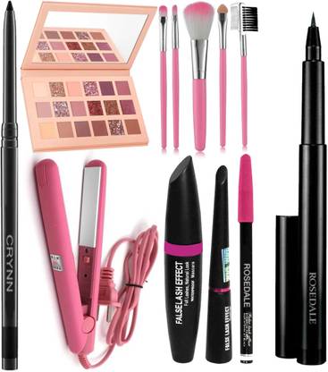 Crynn Smudge Proof Kajal & Pro Ultra Saloon Professional Hair Straightener & 3in1 Eyeliner Mascara Eyebrow Pencil & Ultimate Glam Glazed Eyeshadow Palette & Professional 5 Makeup Brush & 36H Precision Black Eyeliner