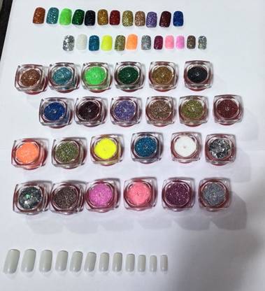 NAIL ART T World 12 Pcs White Sq Nails with 12 Pcs different colours Glitters