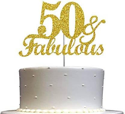 ZYOZI Fabulous & 50 Cake Topper Gold Glitter, 50th Birthday Party Decoration Ideas, Premium Quality, Sturdy One Sided Glitter,Wooden Stick Edible Cake Topper