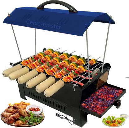 Geico master Blue Hut Shape 2 in 1 Multi-Purpose Electric & Charcoal Barbeque with 6 Wooden Handle Skewers, 1 Iron Grill Lightweight and Portable Simple Tandoor Grill for Outdoor Cooking Camping Picnics Travel Electric Grill Electric Tandoor
